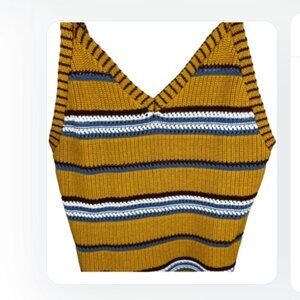 Crave Fame Cotton Knit Sleeveless Crop V-Neck Top Tan White Striped Size M NWOT